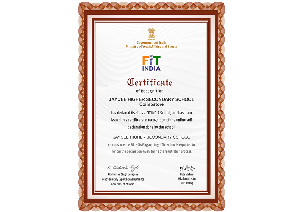 FIT INDIA SCHOOL, Certificate of recognition